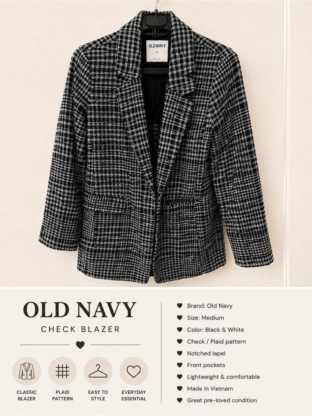 Old Navy Black & White Checked Blazer